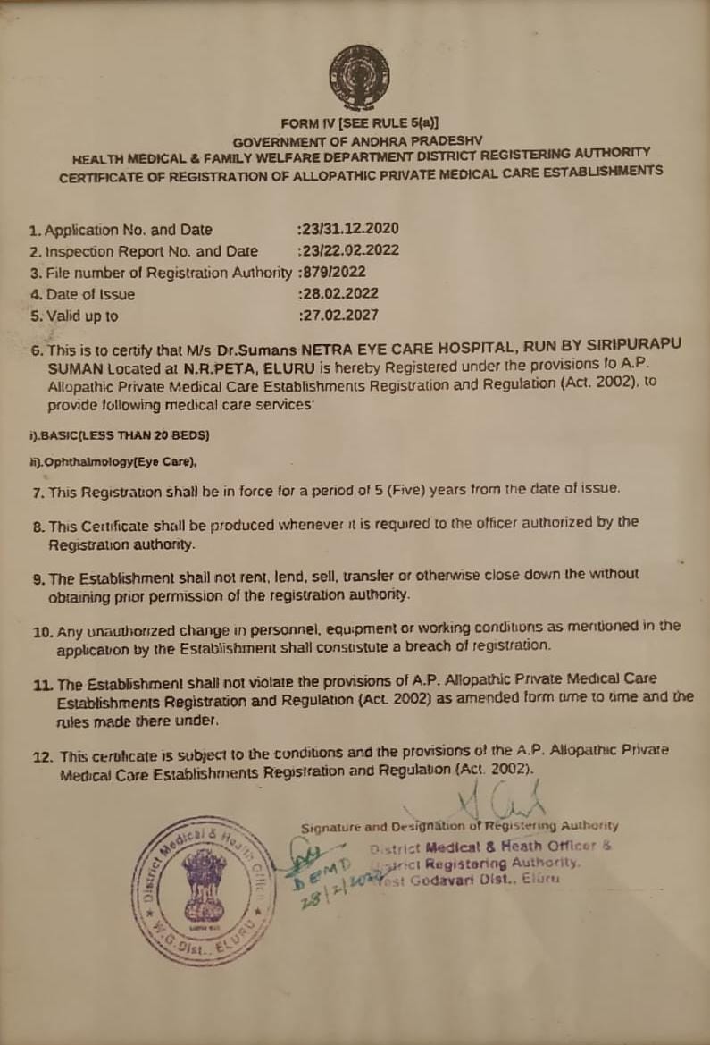Government Registration Certificate of Nethra Eye Care Hospital Eluru